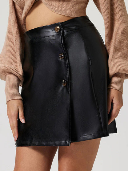 PU Leather Buttoned High Rise Mini Skirt (black/burgundy)-S-XL