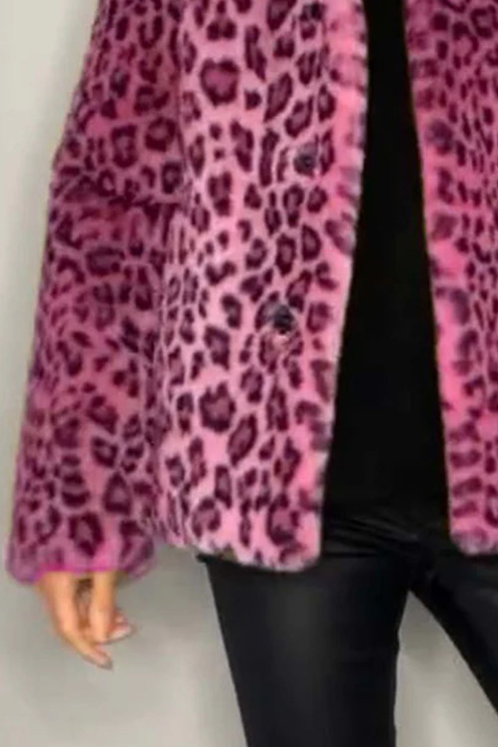 Full Size Leopard Fur Collared Neck Long Sleeve Coat (camel/grey/blue/cerise or red/pink)-SMALL-3XL