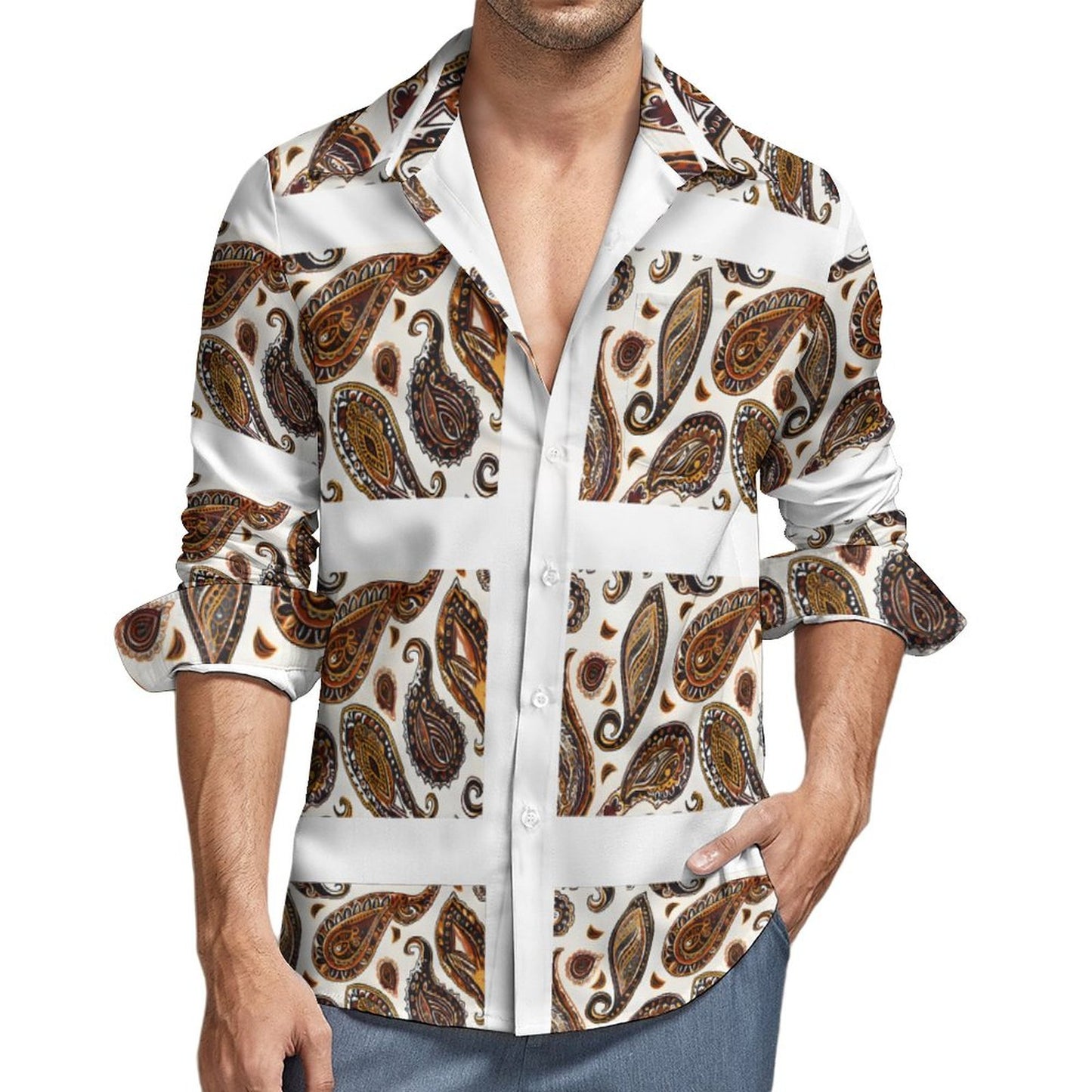 ORANGE PAISLEY Men's Long Sleeve Shirt with Pocket-*XS-6XL