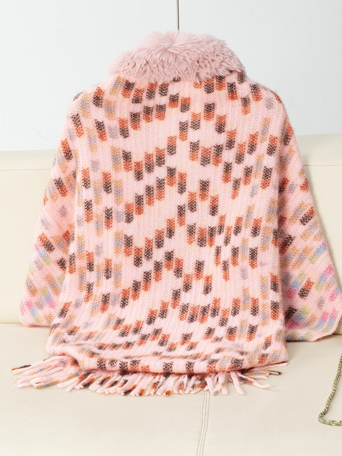 Fringe Fuzzy Open Front Poncho (cream/pink/brown/blue/khaki) ONE SIZE