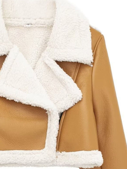 Collared Neck Long Sleeve Plush Cropped Leather Jacket (chocolate & white/black & white/mustard & white/black & reddish brown/brown & reddish brown/coffee brown/burgundy)-SMALL-LARGE