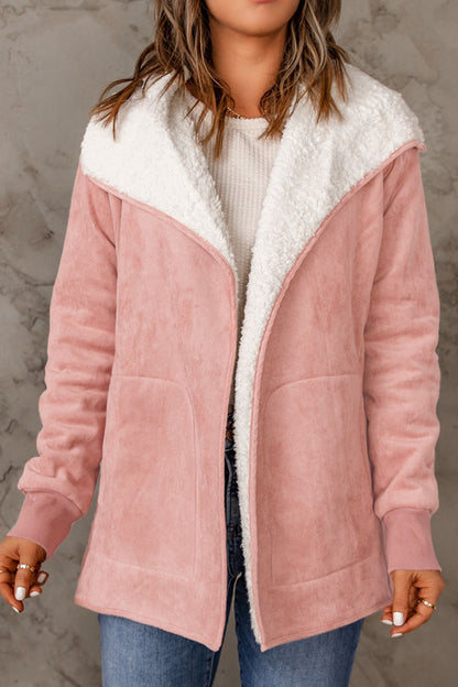 Open Front Long Sleeve Sherpa Jacket (caramel/blush pink/grey/black)-SMALL-XL