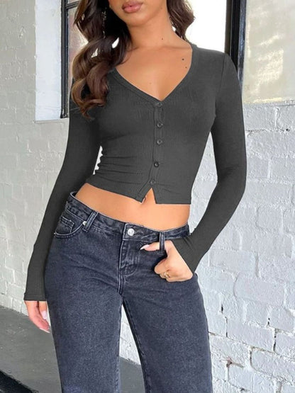 Buttoned V-Neck Long Sleeve T-Shirt-SMALL-XL (khaki/black/gray/burgundy/white/gray)-S-XL