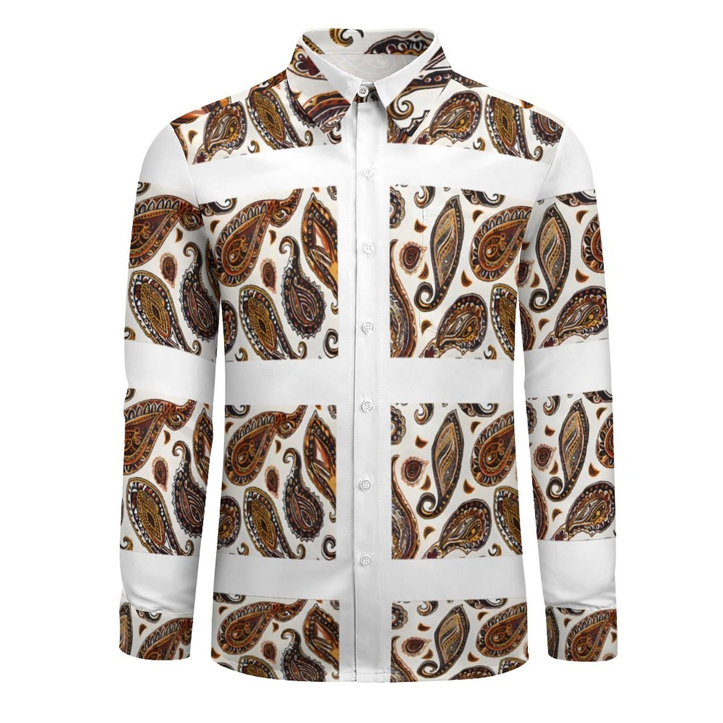 ORANGE PAISLEY Men's Long Sleeve Shirt with Pocket-*XS-6XL