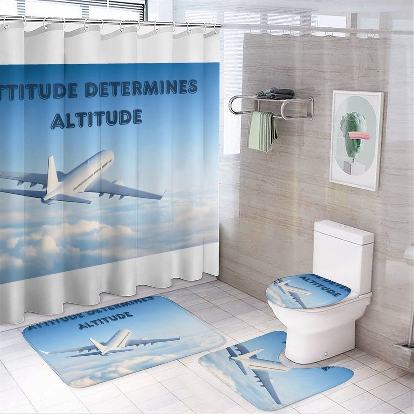 Shower Curtain Set with 3 Rugs