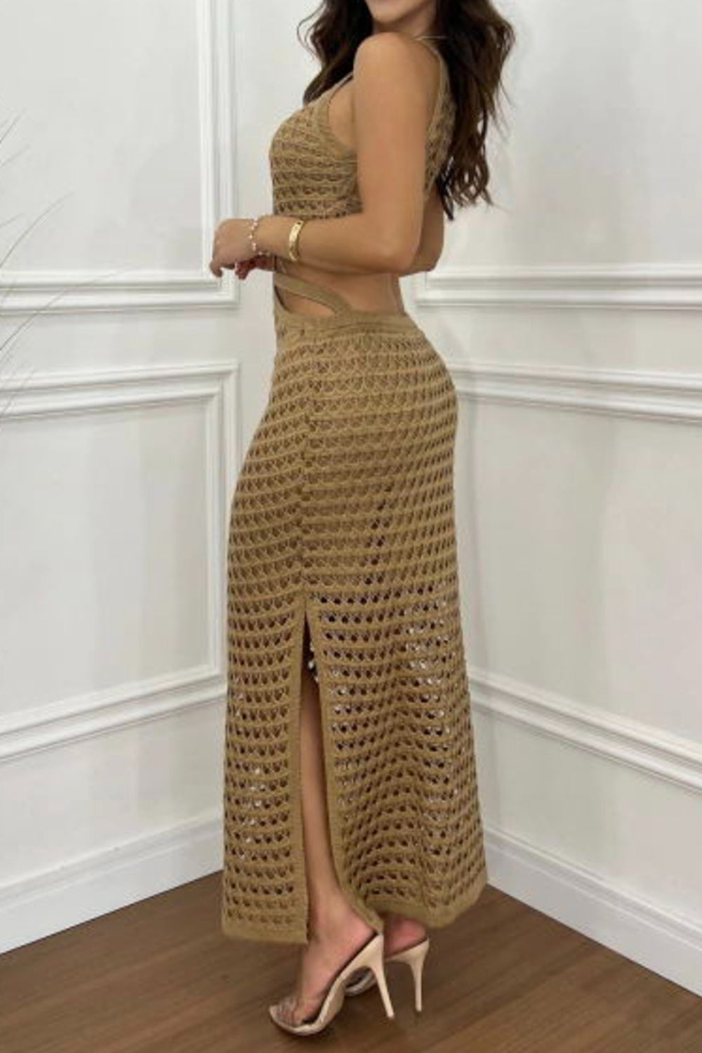 Cutout Slit Round Neck Sweater Dress (beige/taupe/white/sage/orange-red)-SMALL-XL