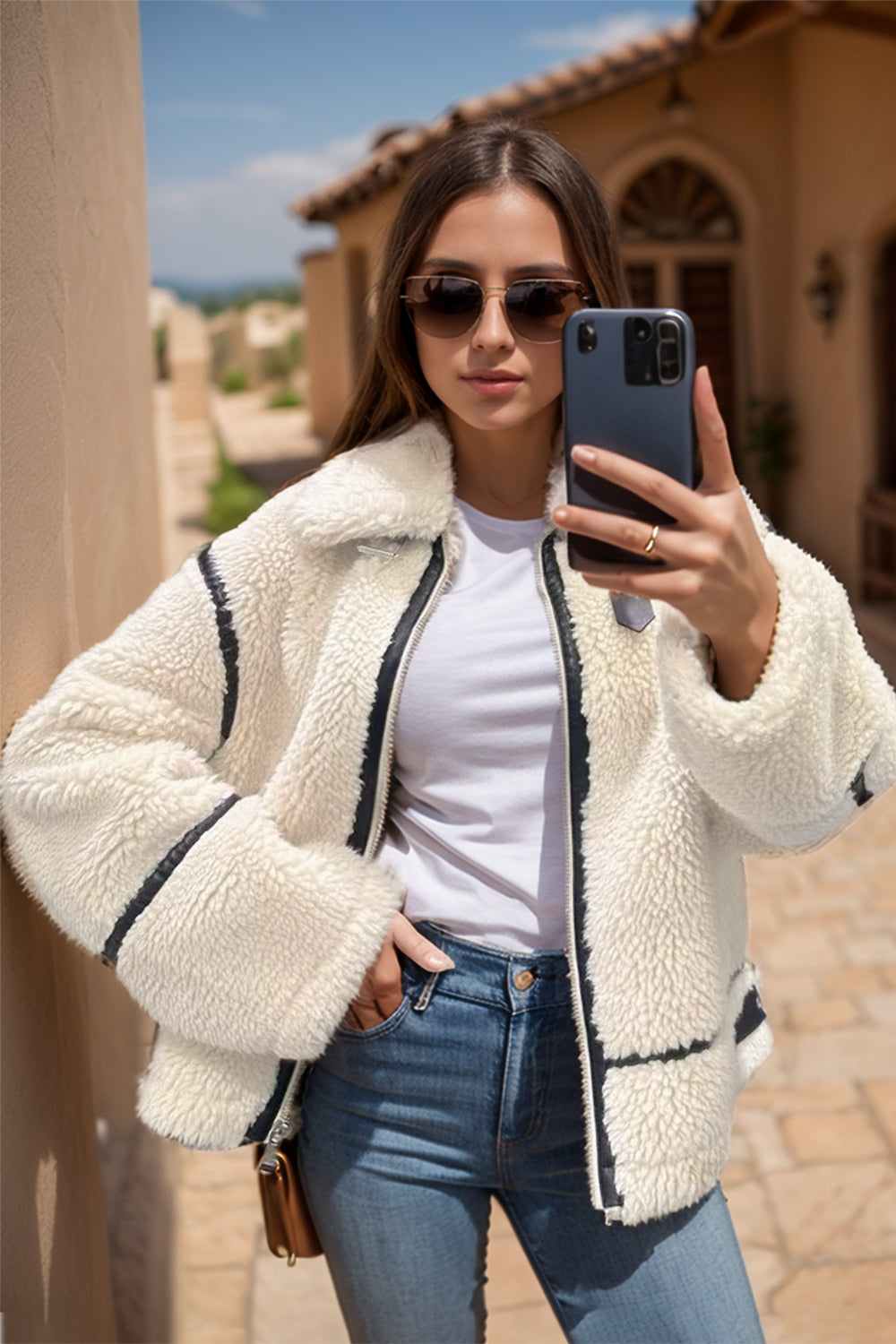 Zip Up Long Sleeve Sherpa Jacket-XS-L