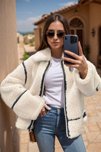 Zip Up Long Sleeve Sherpa Jacket-XS-L