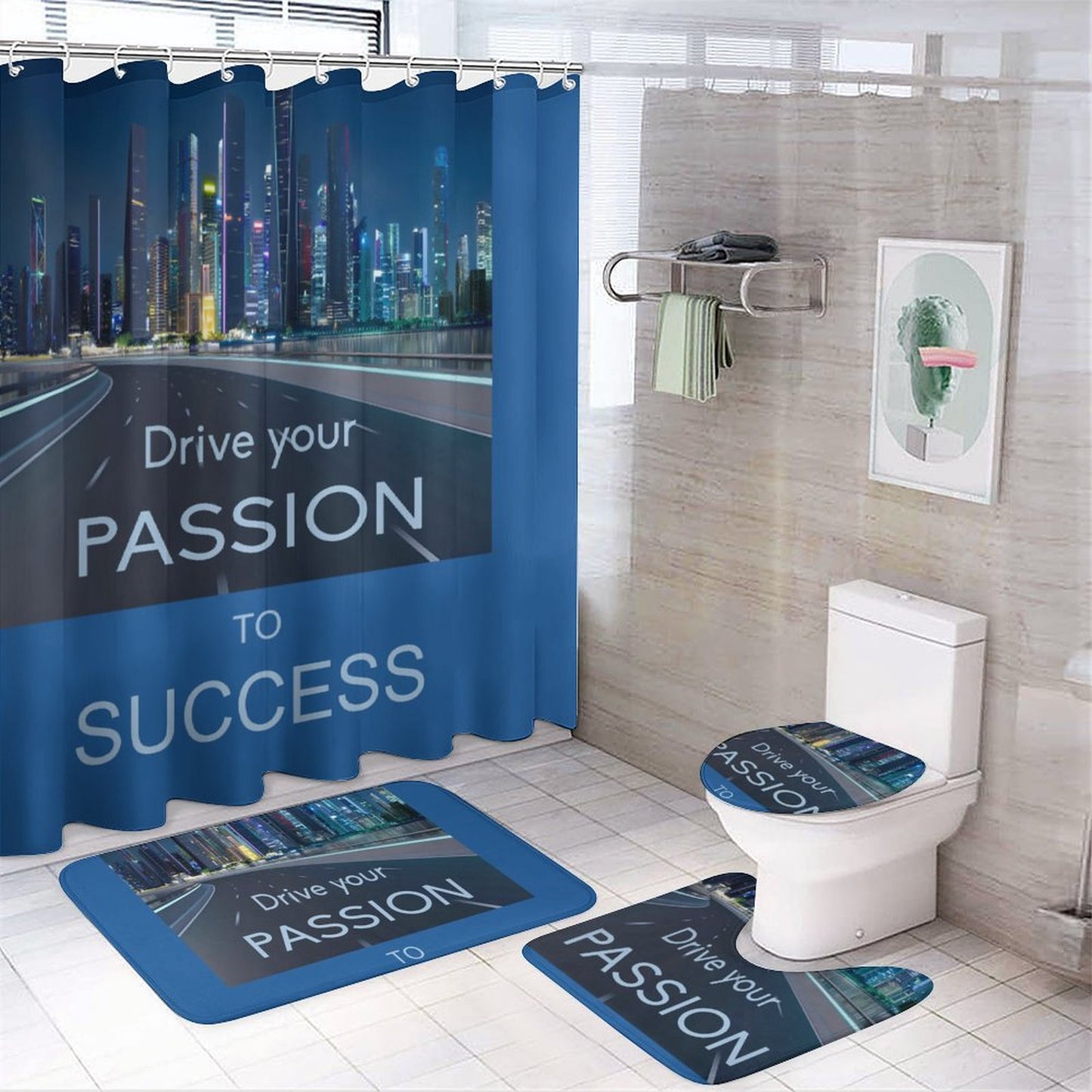 Shower Curtain Set with 3 Rugs