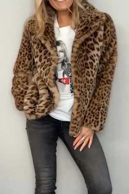Full Size Leopard Fur Collared Neck Long Sleeve Coat (camel/grey/blue/cerise or red/pink)-SMALL-3XL