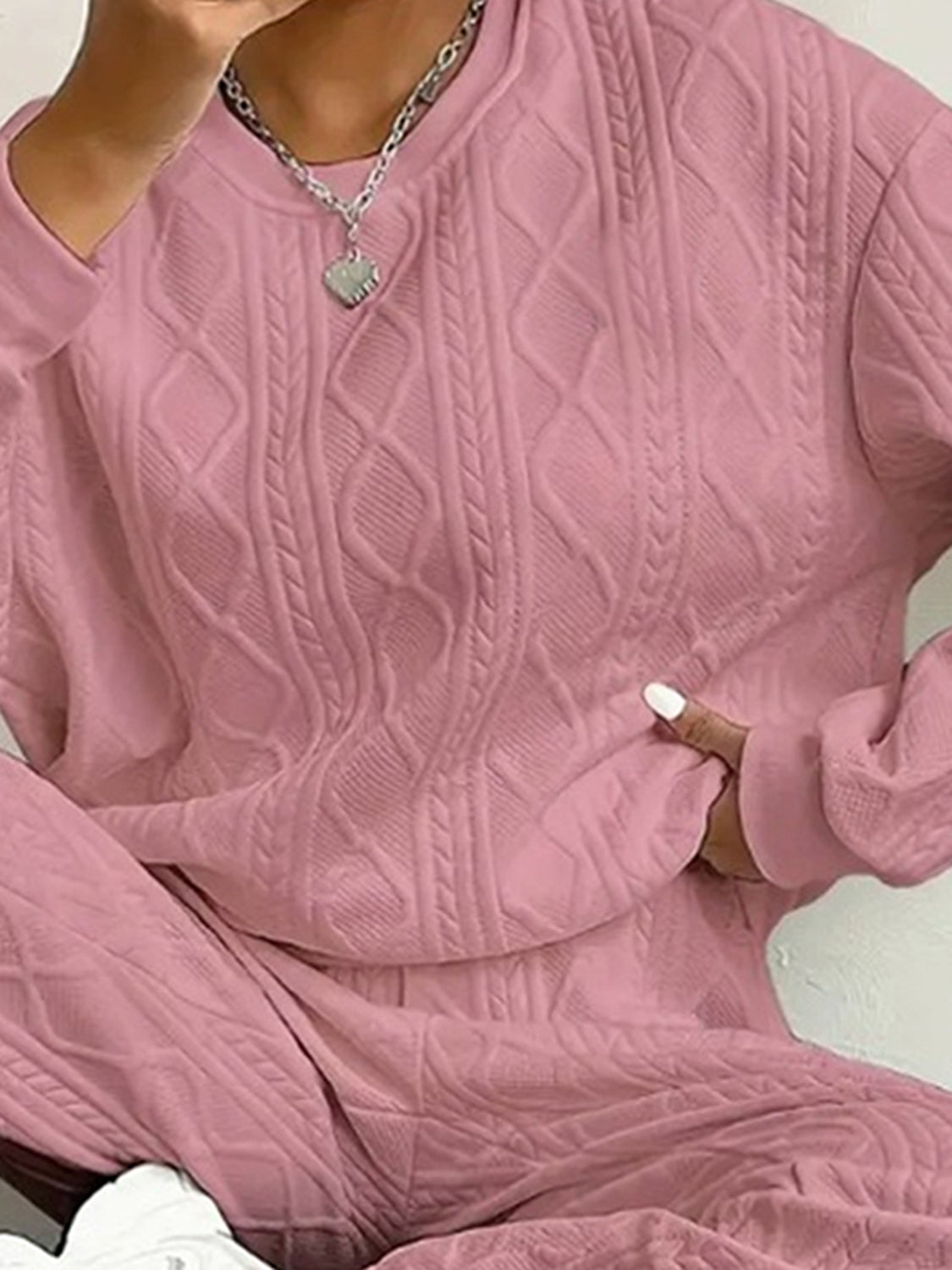 Texture Round Neck Top and Pants Set (white/black/pink/beige/green)-SMALL-2XL