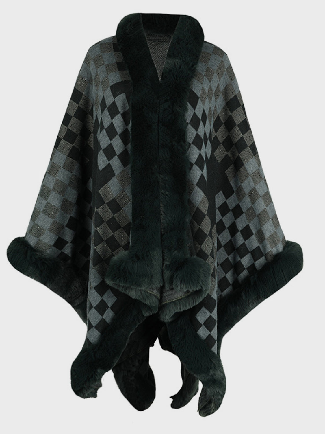 Fuzzy Checkered Long Sleeve Poncho (beige/tan/pink/navy/black)