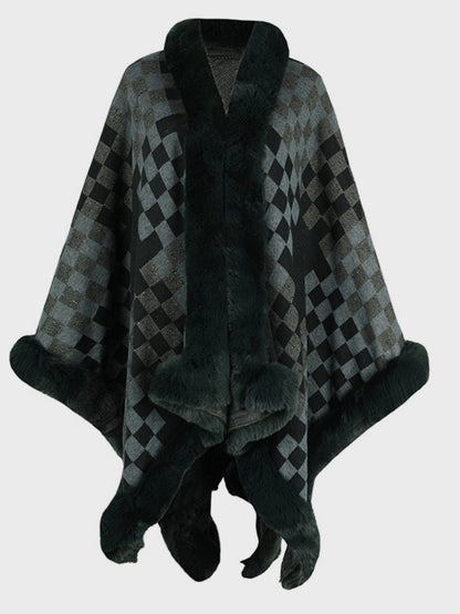 Fuzzy Checkered Long Sleeve Poncho (beige/tan/pink/navy/black)