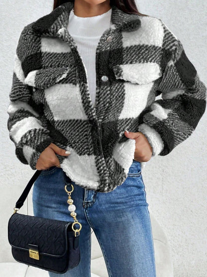 Decorative Pocket Flap Plaid Long Sleeve Jacket (black/mocha)-XS-XL