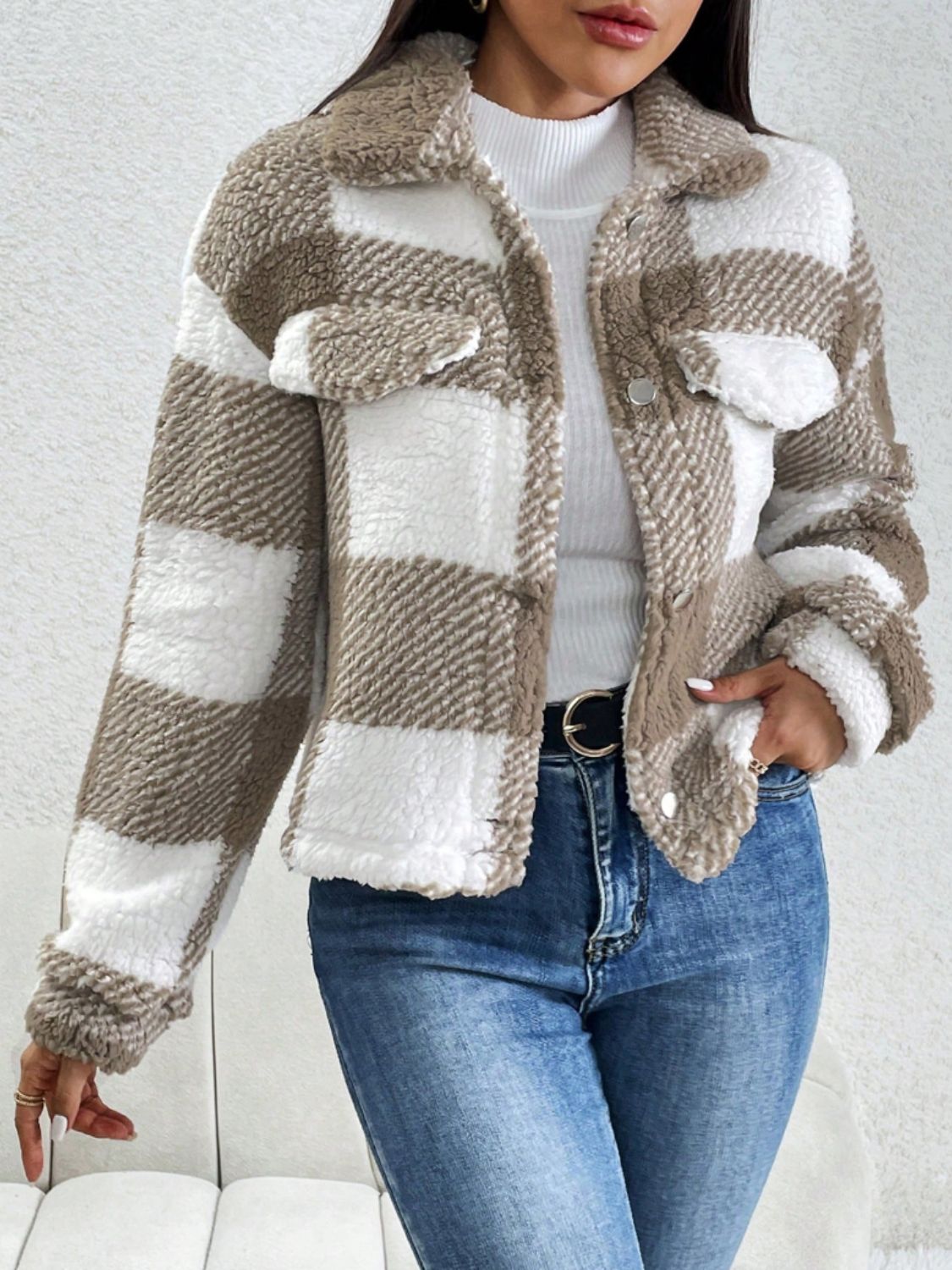 Decorative Pocket Flap Plaid Long Sleeve Jacket (black/mocha)-XS-XL