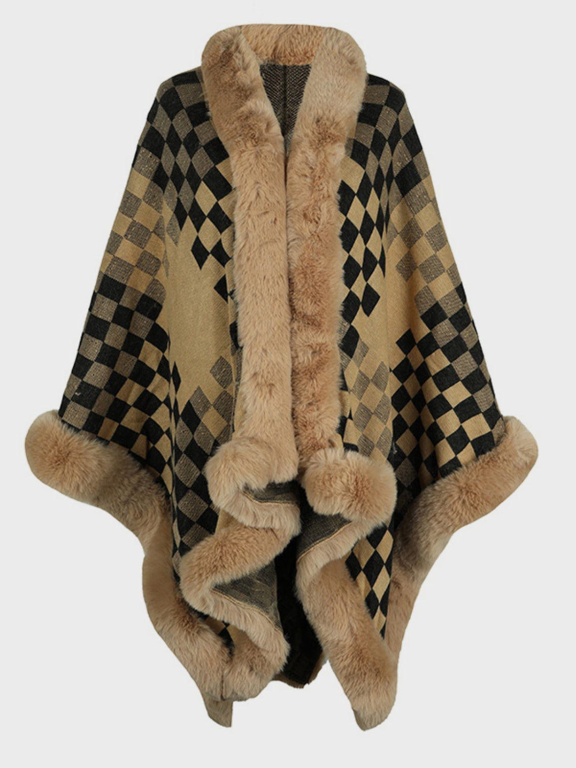 Fuzzy Checkered Long Sleeve Poncho (beige/tan/pink/navy/black)