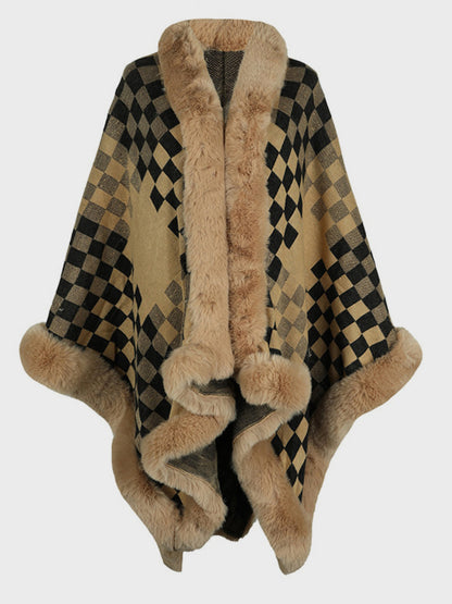 Fuzzy Checkered Long Sleeve Poncho (beige/tan/pink/navy/black)