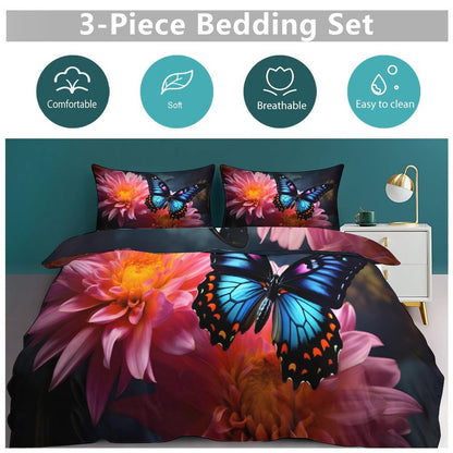 BLUE BUTTERFLY 3-Piece Bedding Set-102"x90"/ 259x229cm KING SIZE (Dual-sided Printing)