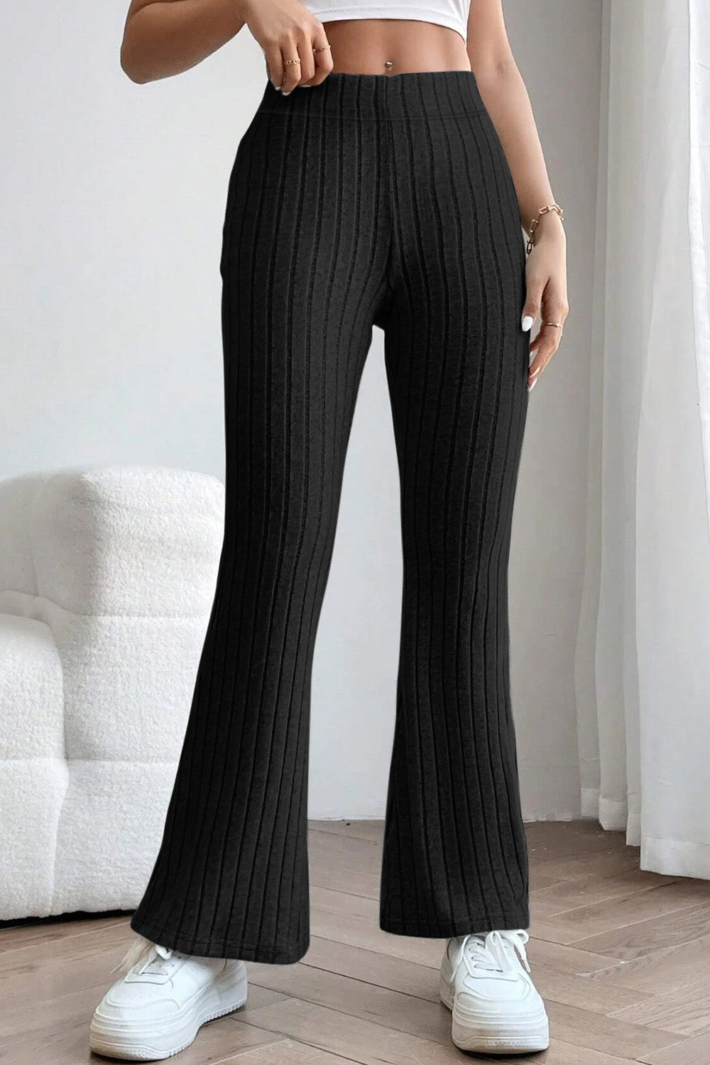 0N SALE:::Full Size Ribbed High Waist Flare Pants (black/blue/teal/grey)-SMALL-3XL