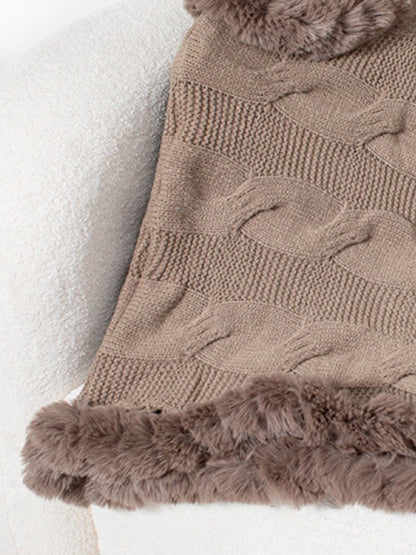 Fuzzy Hem Cable-Knit Poncho (mocha/gold/pink/eggshell/grey/black)