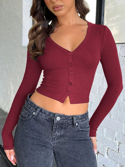 Buttoned V-Neck Long Sleeve T-Shirt-SMALL-XL (khaki/black/gray/burgundy/white/gray)-S-XL