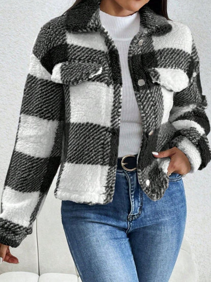 Decorative Pocket Flap Plaid Long Sleeve Jacket (black/mocha)-XS-XL