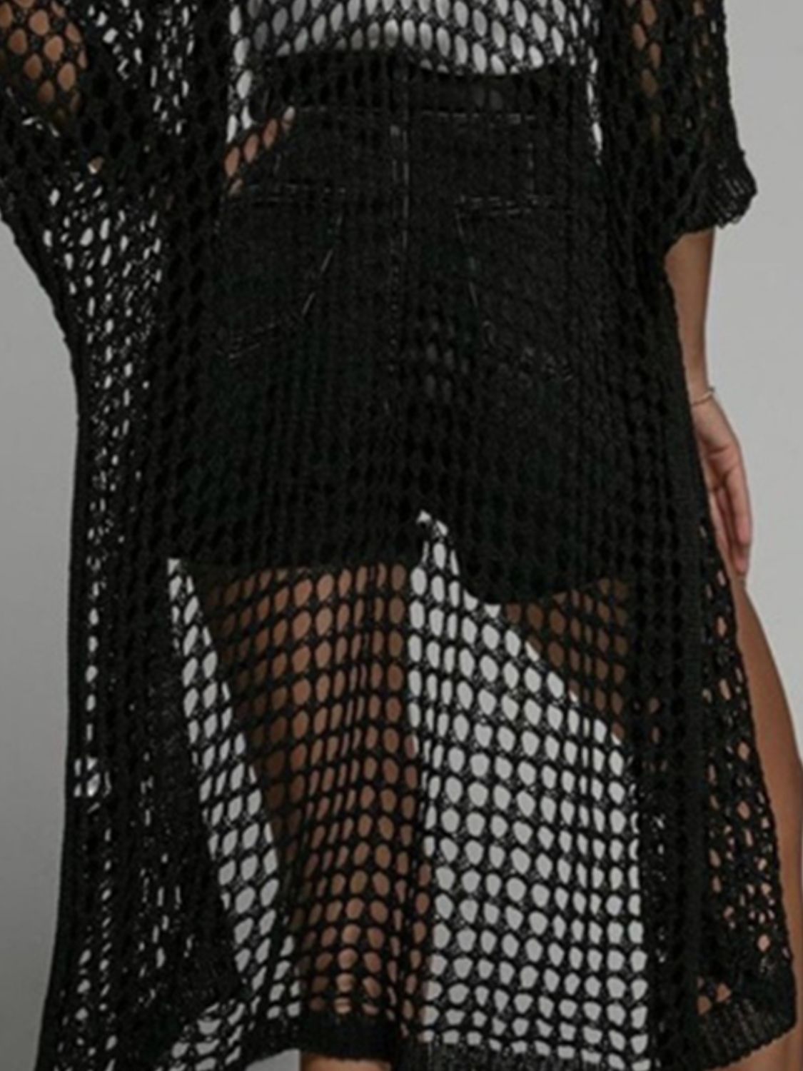 Openwork Open Front Three-Quarter Sleeve Cover Up(cream/white/apricot/black/lt. blue)-SMALL-XL