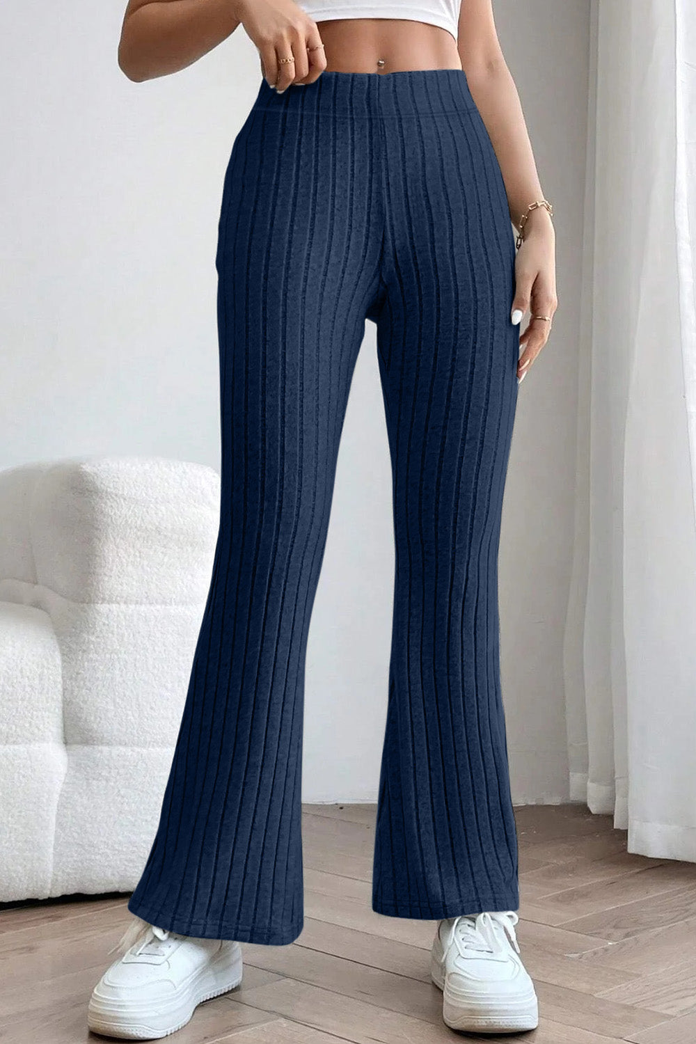0N SALE:::Full Size Ribbed High Waist Flare Pants (black/blue/teal/grey)-SMALL-3XL