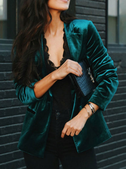 Velvet Button Up Lapel Collar Blazer (Teal/black/burgundy)-SMALL-2XL