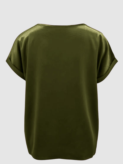 Satin Round Neck Short Sleeve Blouse (black/white/royal blue/lilac/pink/blue/burgundy/green)-SMALL-2XL