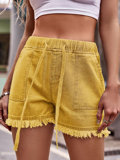 Drawstring Raw Hem Denim Shorts (MULTIPLE COLORS)-SMALL-2XL