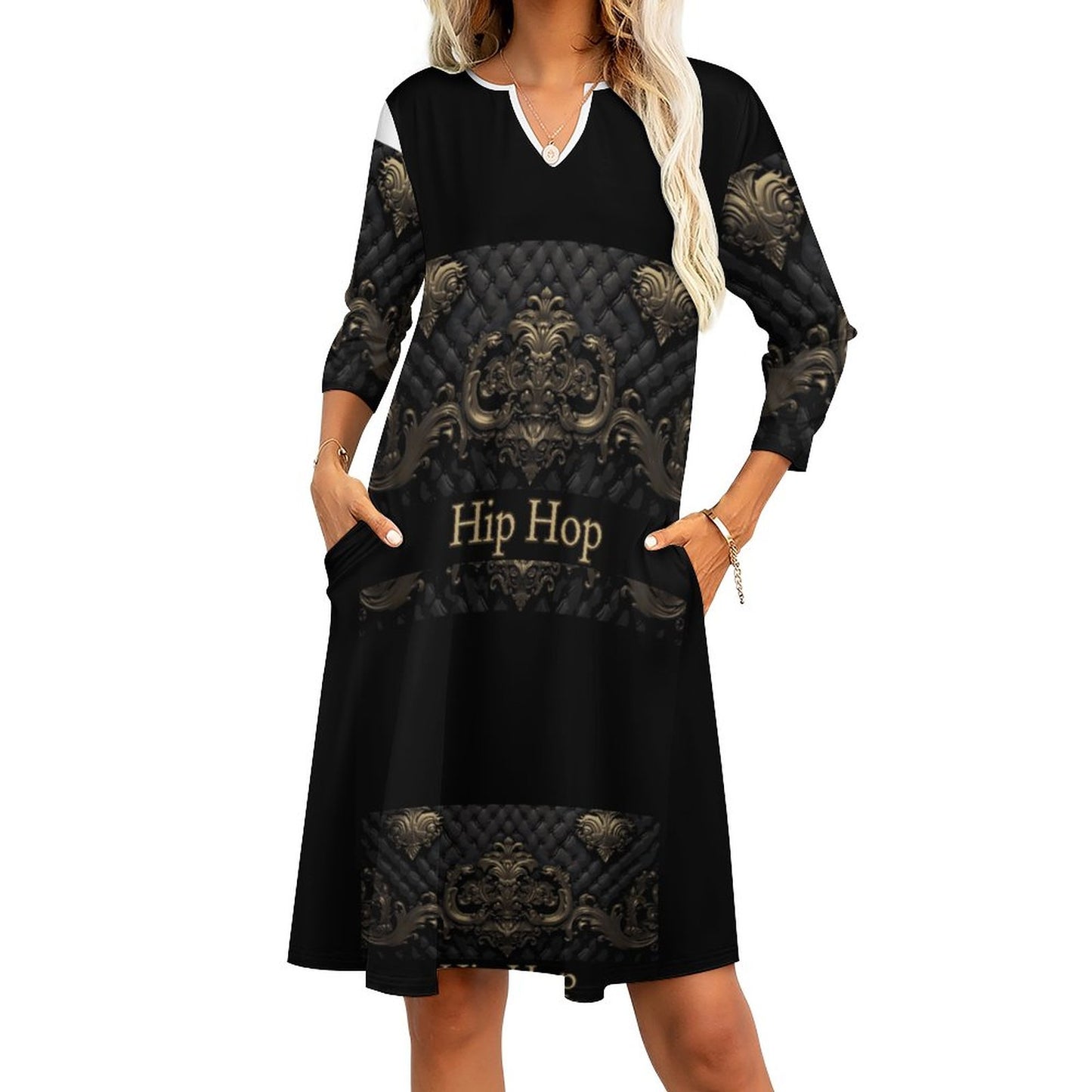 V-neck 3/4 Sleeve Dress with Pockets (All-Over Printing)