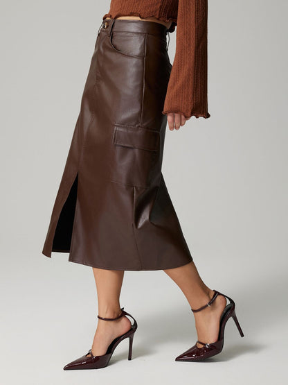 PU Leather Slit Midi Skirt with Pockets (dk. brown/black)-SMALL-XL