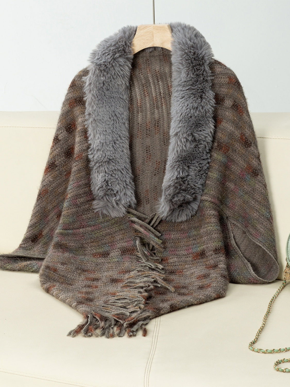 Fringe Fuzzy Open Front Poncho (cream/pink/brown/blue/khaki) ONE SIZE