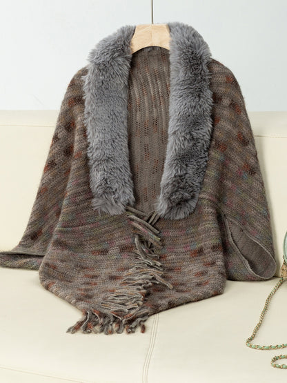 Fringe Fuzzy Open Front Poncho (cream/pink/brown/blue/khaki) ONE SIZE