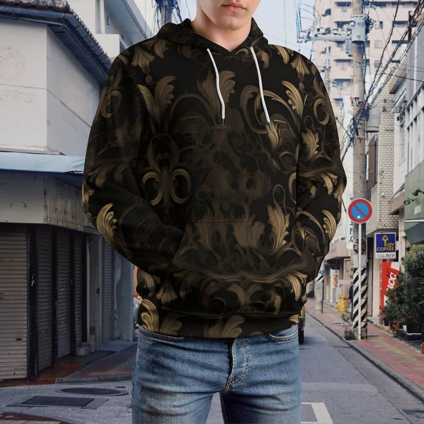 BLACK & GOLD ACCENT Men's Hoodie with Double-layer Cap-SMALL-6XL