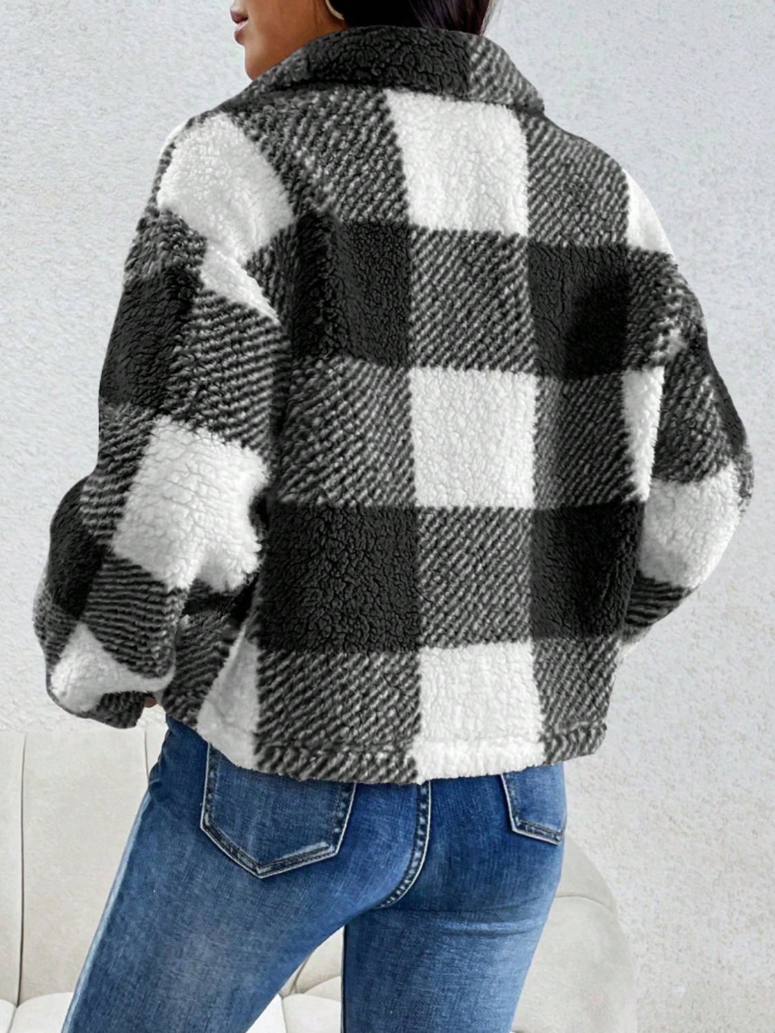 Decorative Pocket Flap Plaid Long Sleeve Jacket (black/mocha)-XS-XL