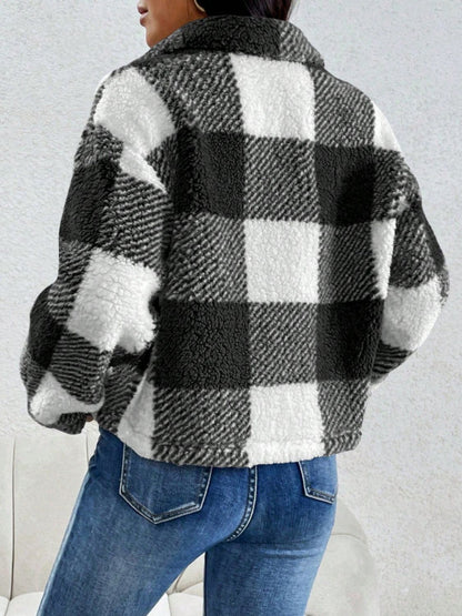 Decorative Pocket Flap Plaid Long Sleeve Jacket (black/mocha)-XS-XL