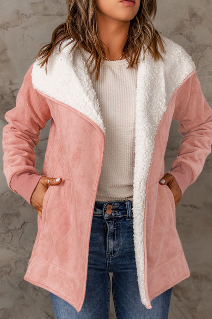 Open Front Long Sleeve Sherpa Jacket (caramel/blush pink/grey/black)-SMALL-XL
