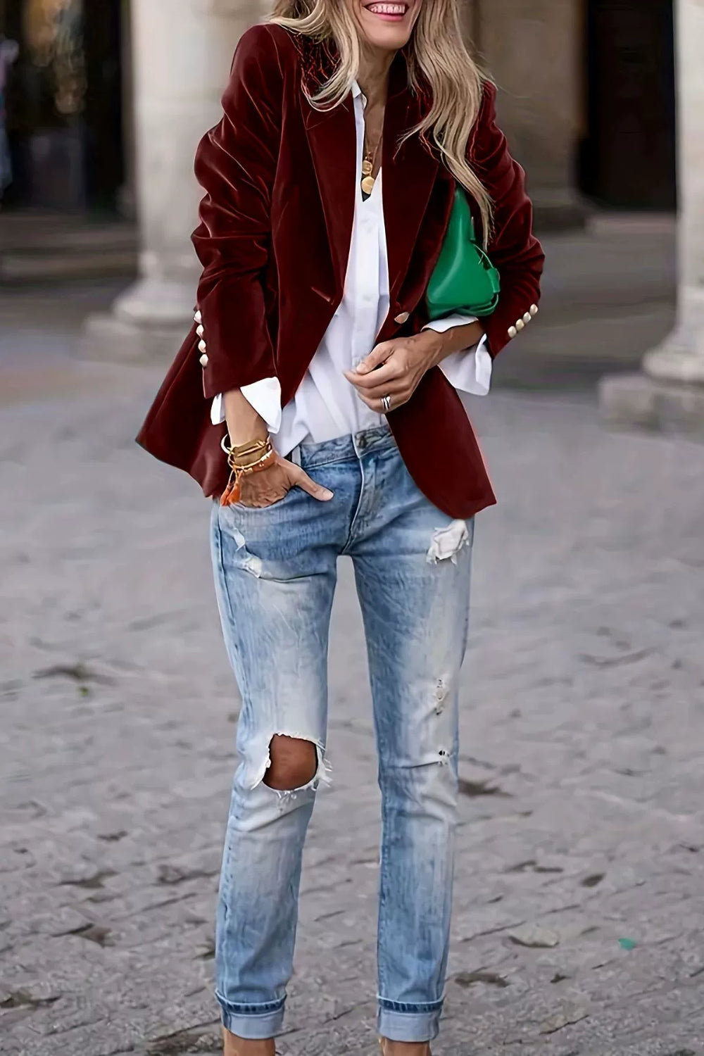 Velvet Lapel Collar One Button Blazer-S-2XL