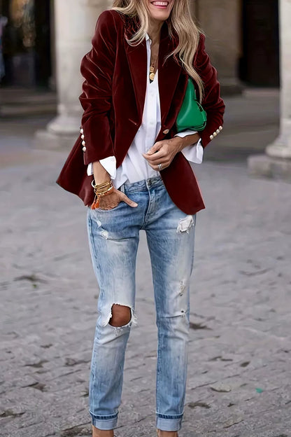 Velvet Lapel Collar One Button Blazer-S-2XL