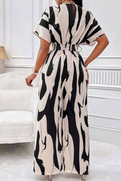 Printed V-Neck Short Sleeve Wide Leg Jumpsuit (black/orange/brown/green)-SMALL-2XL