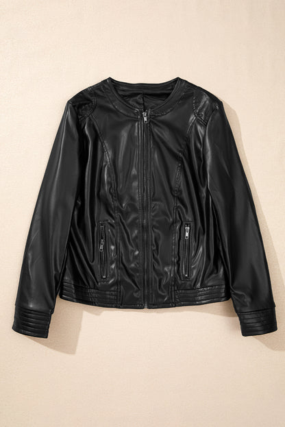 PU Leather Round Neck Long Sleeve Jacket (green/taupe/black)-SMALL-XL