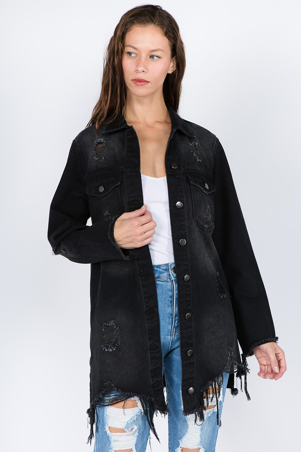 American Bazi Distressed Frayed Hem Denim Jacket (S/M/L)