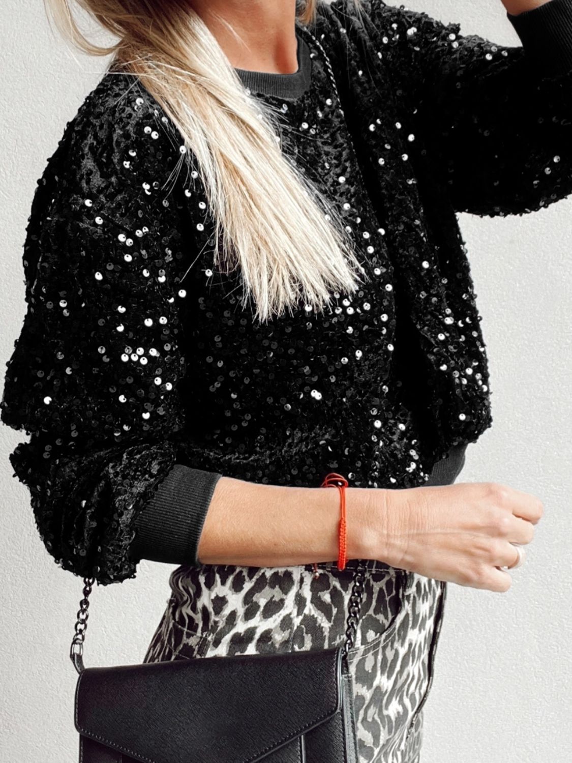 Sequin Round Neck Long Sleeve Blouse-SMALL-XL