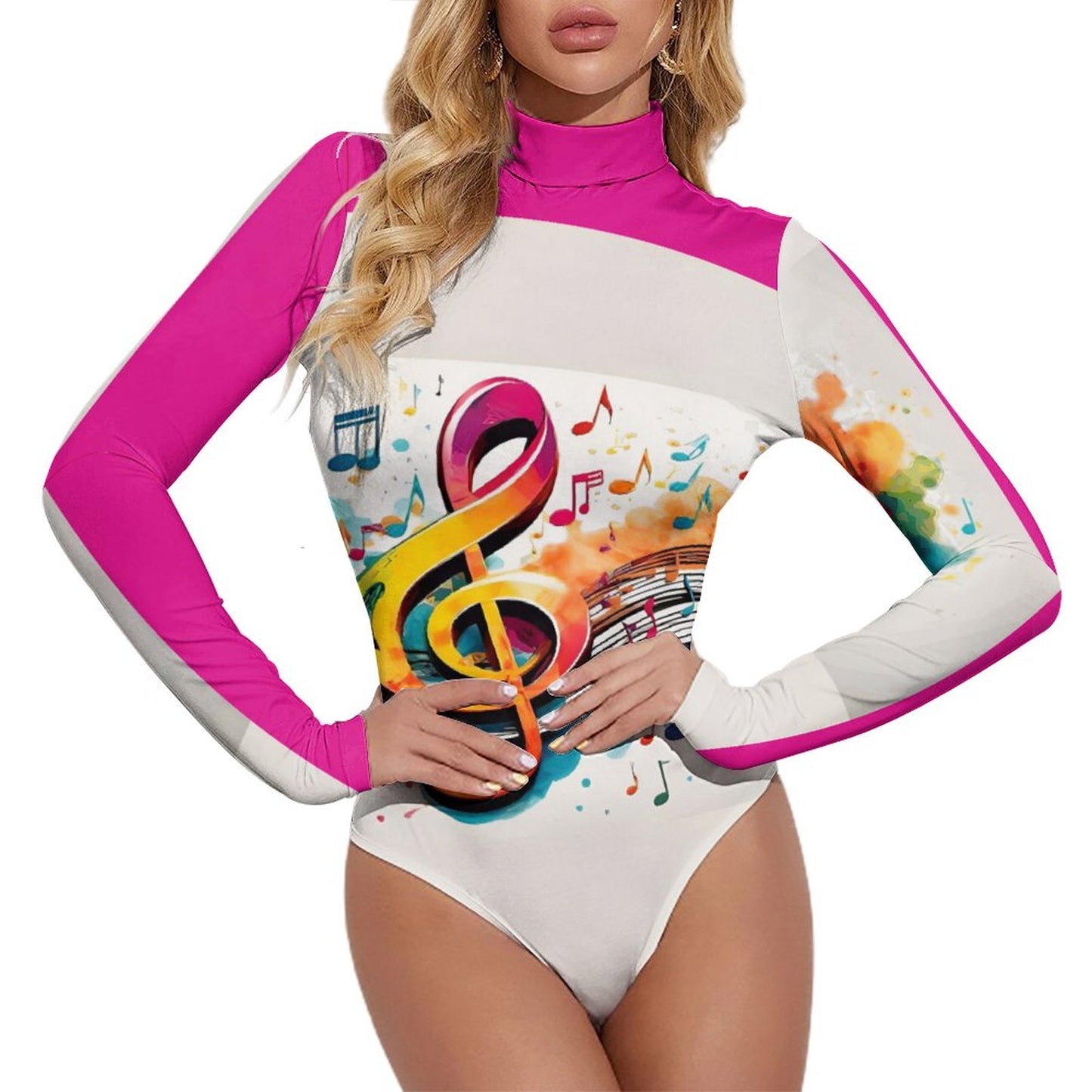 MUSIC GRAFFITI High-collar Long-sleeve Bodysuit (white/hot pink)