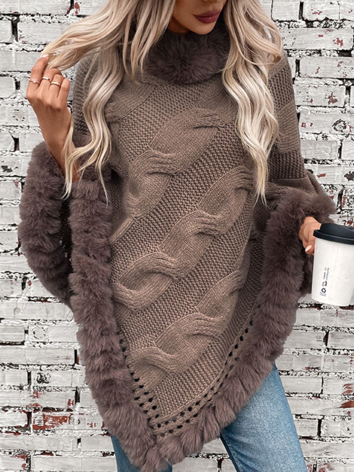 Fuzzy Hem Cable-Knit Poncho (mocha/gold/pink/eggshell/grey/black)