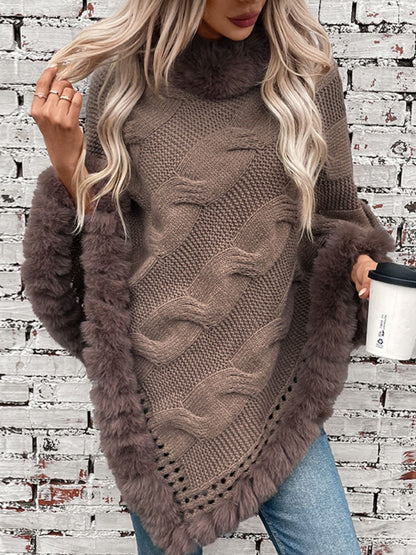 Fuzzy Hem Cable-Knit Poncho (mocha/gold/pink/eggshell/grey/black)