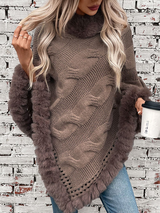 Fuzzy Hem Cable-Knit Poncho (mocha/gold/pink/eggshell/grey/black)