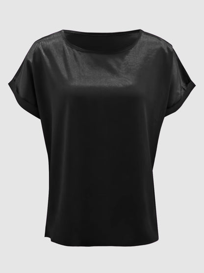 Satin Round Neck Short Sleeve Blouse (black/white/royal blue/lilac/pink/blue/burgundy/green)-SMALL-2XL